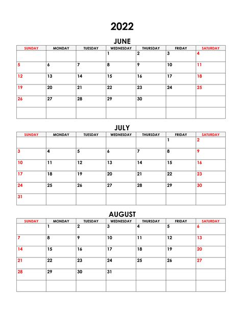June Through August 2022 Calendar